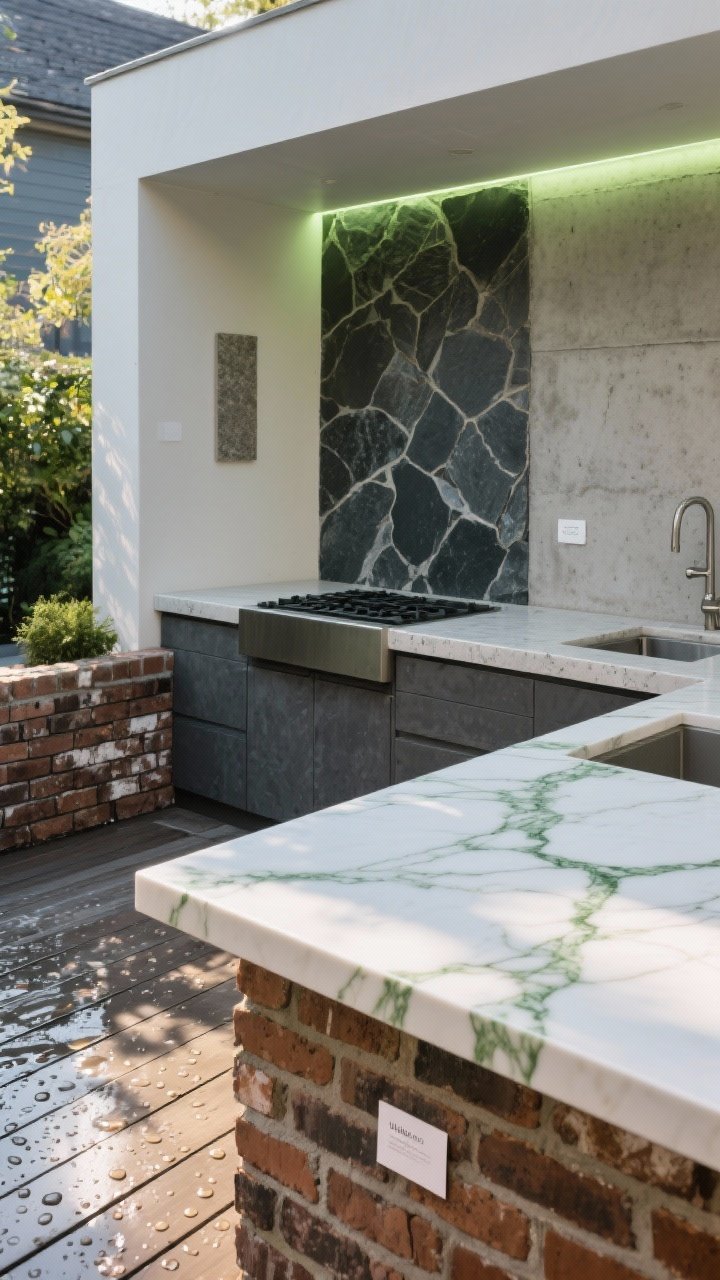 Medium shot of sustainable surfaces in an outdoor kitchen: a UV-lit patio showing a porcelain slab countertop with subtle green veining, a section of sintered stone backsplash, concrete countertops tinted charcoal on an adjacent prep station, reclaimed brick backsplash adding character, and recycled composite decking flooring with rain droplets beading; afternoon sun with mild reflections; include a small note card label near each material for clarity; corner angle to show textures and weather-resistant finishes.