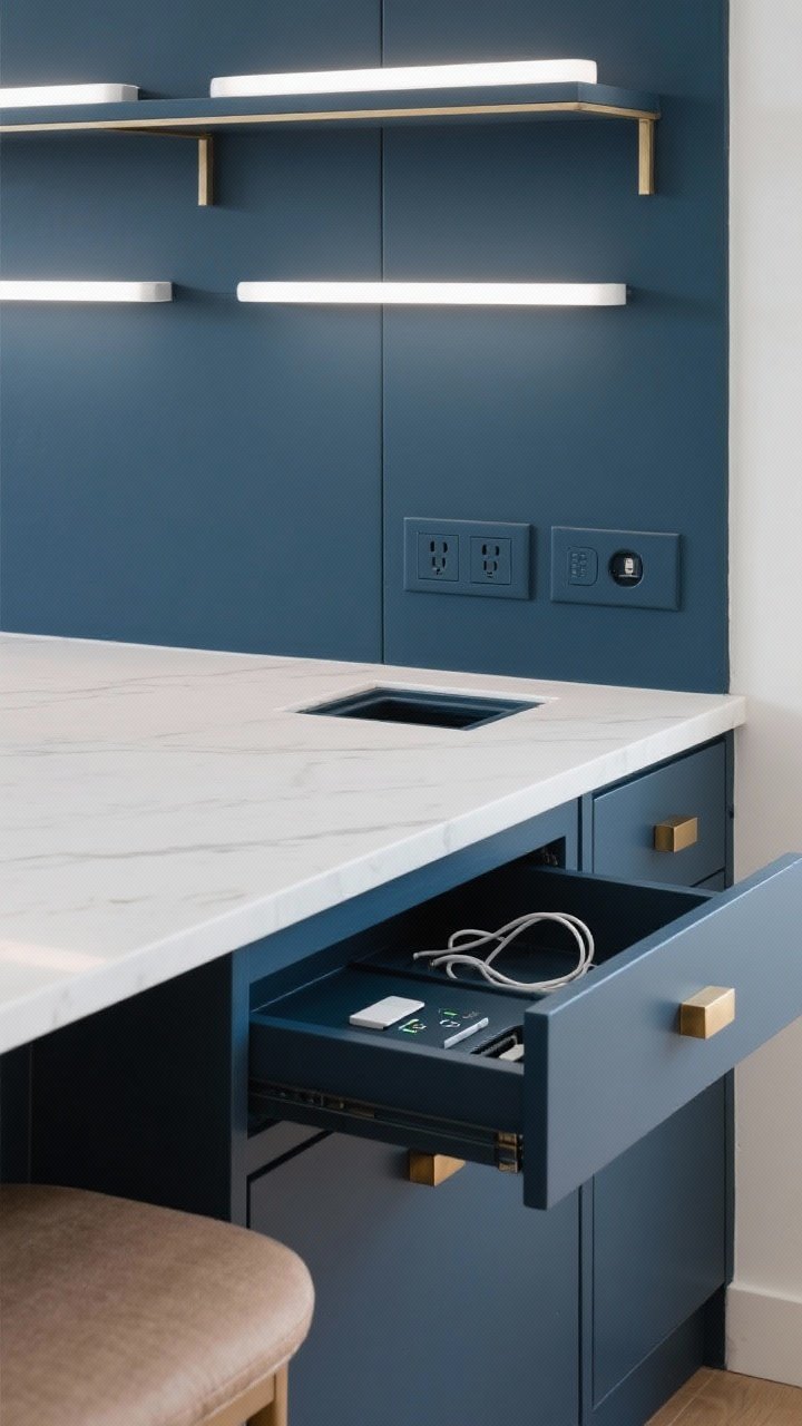 Medium shot of the island’s power plan: side-mounted tamper-resistant outlets color-matched to the island panel, a flush pop-up outlet retracted into the countertop, a USB-C/USB-A combo outlet tucked under the seating overhang, and an open charging drawer with cable pass-throughs; satin brass hardware, smooth painted island panel in deep navy, cool white task lighting, three-quarter angle to show concealment and accessibility