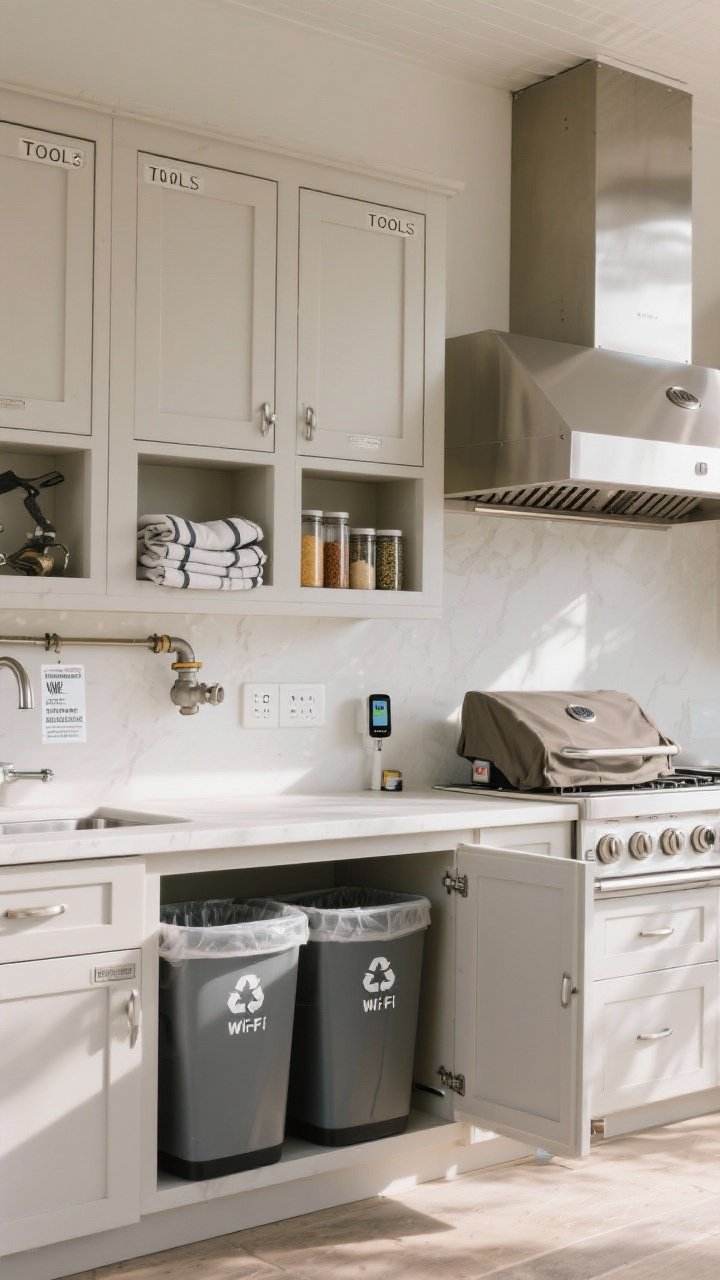 Medium shot of the practical backbone: closed, weather-sealed storage cabinets labeled for tools and spices; a dual trash and recycling pull-out slightly ajar; proper stainless hood ventilation over a built-in grill with safe clearances visible; a neatly folded custom cover on a shelf; a shutoff valve tag for winterization; outdoor-rated smart plugs, a Wi‑Fi grill thermometer on the counter, and a compact leak detector tucked near the sink base; neutral midday lighting and a clean, organized, reality-ready feel.