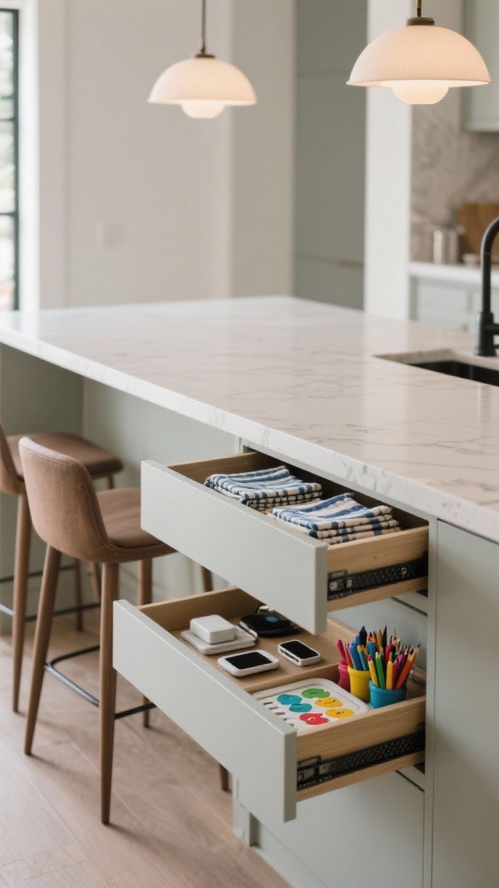 Medium shot of the seating overhang on the island, bar stools pulled back to reveal concealed shallow, wide drawers tucked beneath the counter lip; drawers open to show neatly folded placemats, chargers, and kids’ art supplies; underside edge pulls hidden from frontal view, grippy drawer liners inside; calm, clutter-free mood under soft pendant lighting