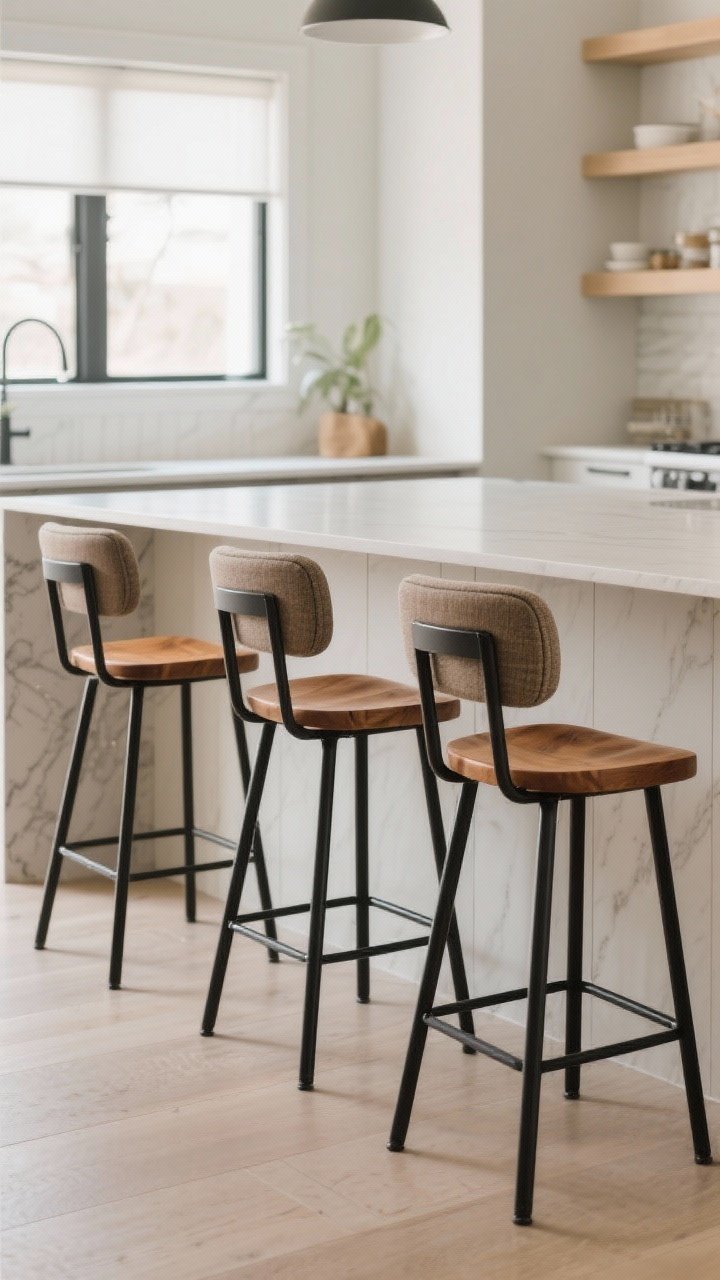 Medium shot of the seating side of a kitchen island showing intentional, well-fitted stools: three counter-height stools (24–26 inches) neatly tucked under a 36-inch-high island, spaced at roughly 24 inches per person; mixed materials—slim black metal frames with warm wood seats, upholstered backs in a performance fabric; island overhang at 10–12 inches; clean lines, soft natural daylight; camera straight-on to highlight spacing and ergonomics.