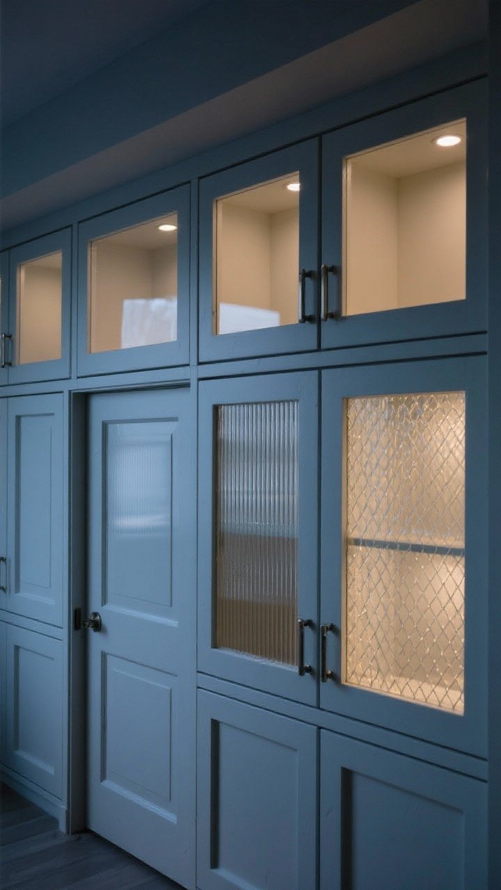 Medium shot of upper cabinets: a run of doors with select glass inserts—clear glass on one pair for airy openness, ribbed/fluted glass on another for texture, and a budget option using reeded acrylic/wire mesh on a third. Subtle LED puck lights inside create nighttime glow. Show the painted frames perfectly matched, silicone/glass clips just visible on an open door. Moody evening lighting to highlight translucency.
