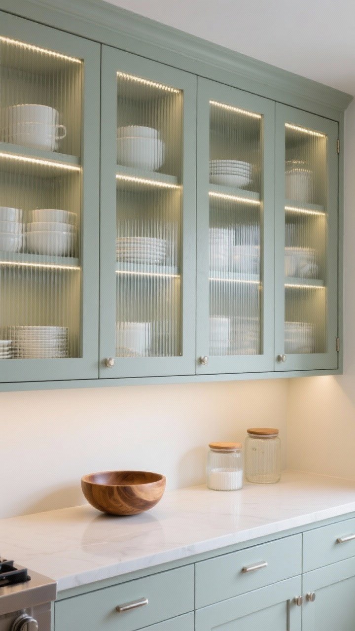 Medium shot of upper cabinets with fluted/reeded glass door panels, softly obscuring neatly arranged whiteware, wood bowls, and glass canisters; subtle LED strip backlighting inside the cabinet creating an ambient glow and night-light effect; cabinet interiors painted the same color as the doors for cohesion; clean counters below, balanced composition, eye-level straight-on view.