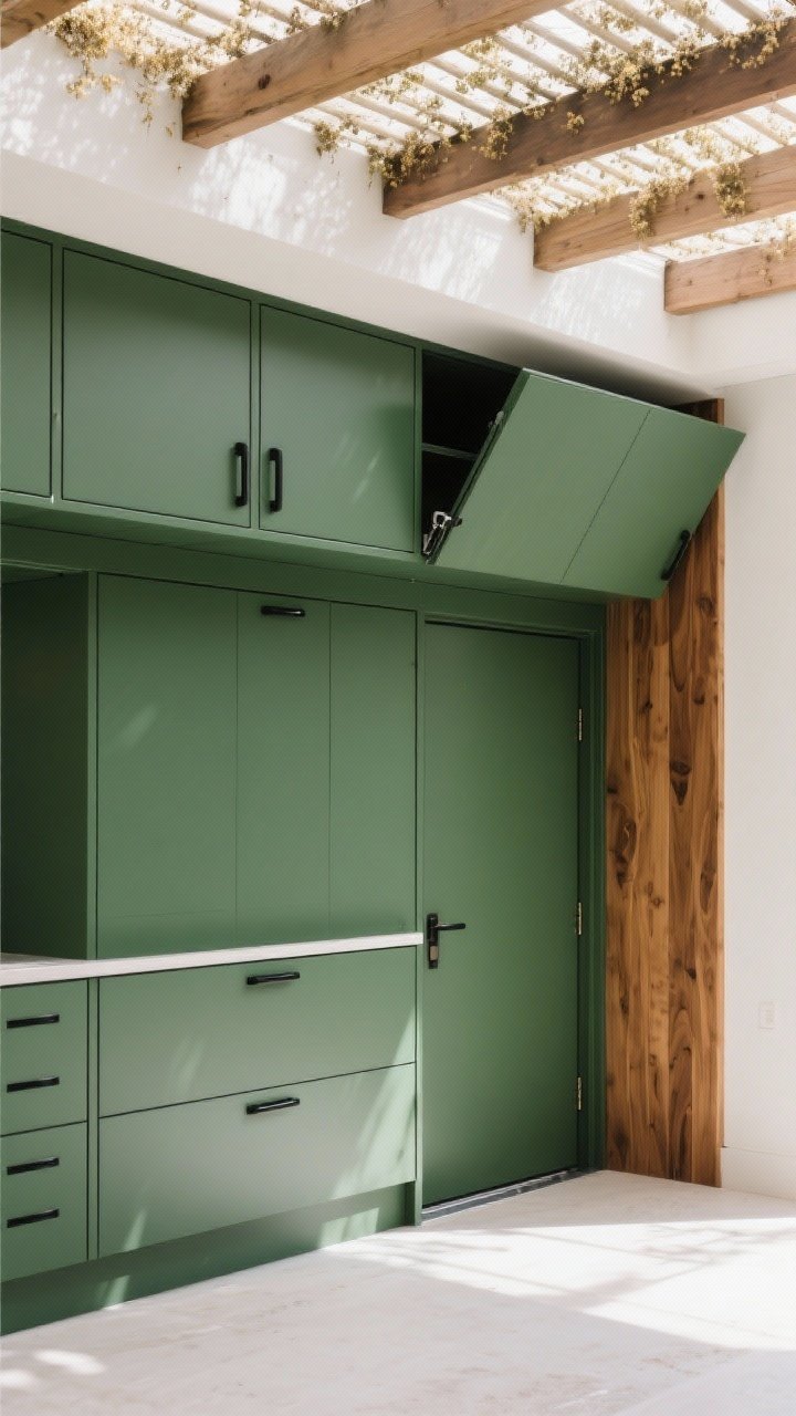 Medium shot of weatherproof cabinetry: powder-coated aluminum cabinets in deep green with flat-panel doors, integrated slim black bar pulls, and lift-up wall cabinets mounted beneath a pergola; visible soft-close exterior-rated hinges and weatherstripping along door edges; teak side paneling with a sealed finish; pollen on the pergola beam subtly implied; bright but diffused daylight; straight-on perspective highlighting durability details.