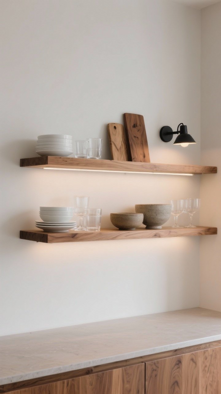 Medium shot: One wall of open shelving styled intentionally—two thick oak shelves with visible grain above a quiet counter. On the shelves: everyday white dishes, clear glassware, a couple of warm wood accents, and stoneware bowls. Discreet LED strip under each shelf creates a soft glow; a small matte black sconce at one end adds layered light. The rest of the wall is clear to keep it curated, photorealistic.