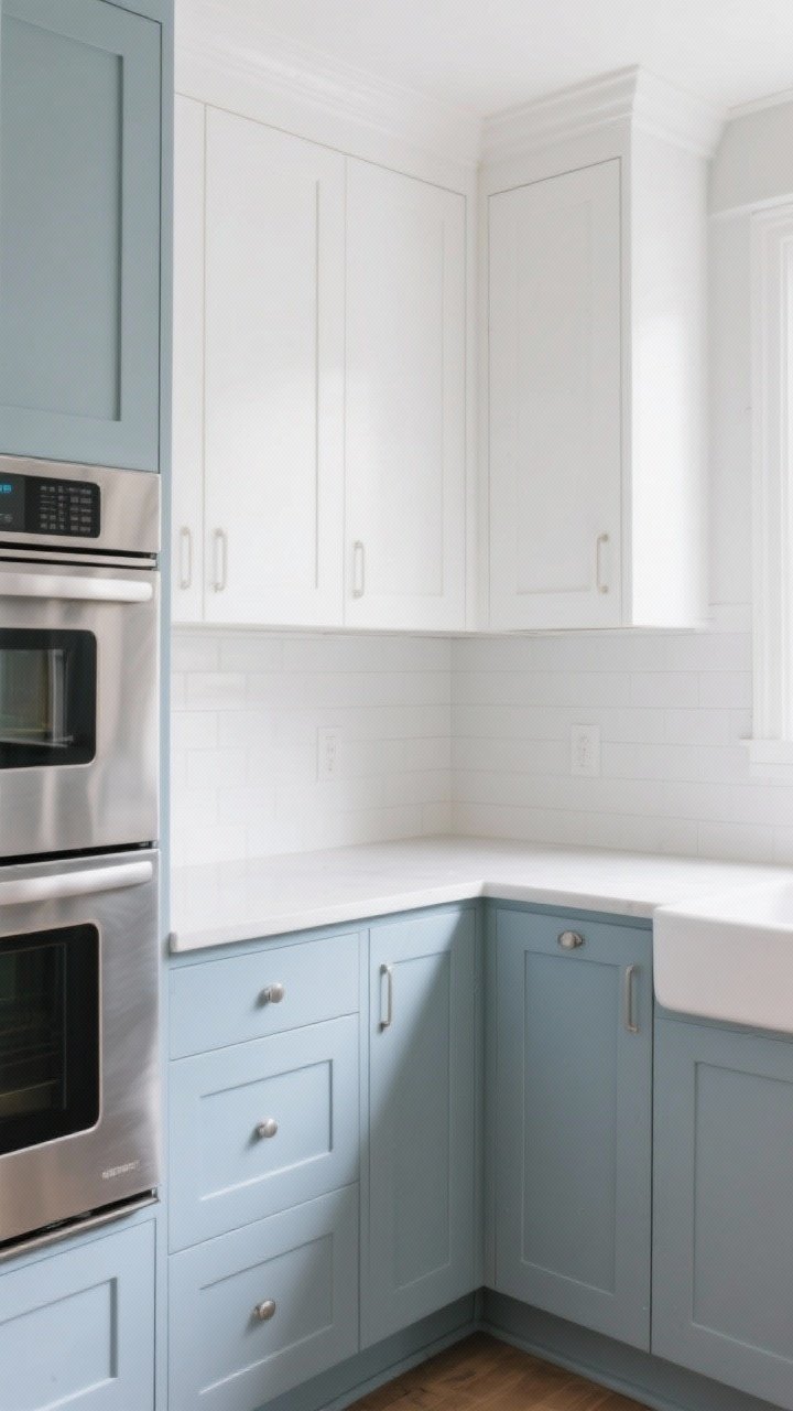Medium shot: Powder blue-gray base cabinets (F&B Light Blue or BM Boothbay Gray) with white uppers for a two-tone lift; stainless steel appliances blending in, light and simple countertops, soft natural light reducing glare; captured from a corner angle to show the airy, modern calm without feeling cold.