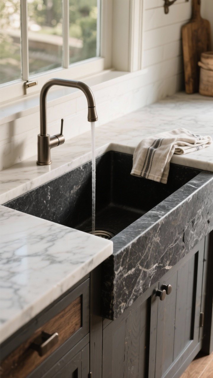 Medium shot: Reimagined farmhouse sink zone featuring an apron-front sink option—choose soapstone apron with marble-look quartz counters for moody-meets-bright contrast, or black granite composite apron with white oak counters for crisp contrast. Include a deep basin and a pull-down sprayer faucet. Add a folded linen at the edge for softness. Warm, indirect daylight reflecting gently off stone. Photorealistic, three-quarter angle focusing on materials.