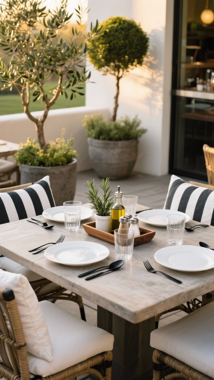 Medium shot: Restaurant-patio-styled scene. Matching white melamine plates, matte black utensils, and glass-look acrylic drinkware on a sturdy outdoor table. Cohesive textiles: cushions in a tight palette with cabana-style striped napkins. Greenery via oversized planters with olive trees and rosemary topiaries. A wooden tray corrals oils, salt, and a small plant for a “chef’s station” look. Golden hour lighting, slight corner perspective.