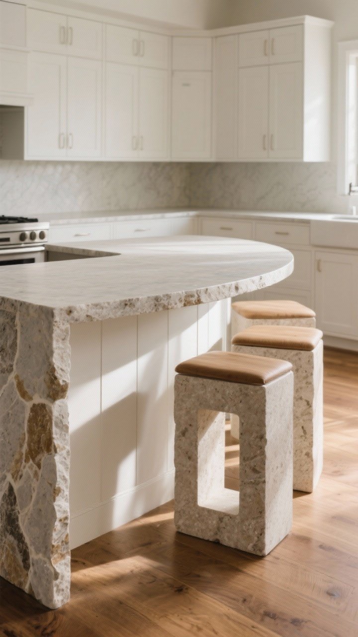 Medium shot showcasing architectural softness and comfort: a kitchen island with a curved waterfall stone edge featuring a gentle radius, chunky square legs defining the seating area, and a generous 14-inch overhang with hidden supports; bullnose edge on the seating side for comfort; warm oak flooring, white perimeter cabinets; calm afternoon light with mild shadows to reveal curves; low corner angle to emphasize leg detail