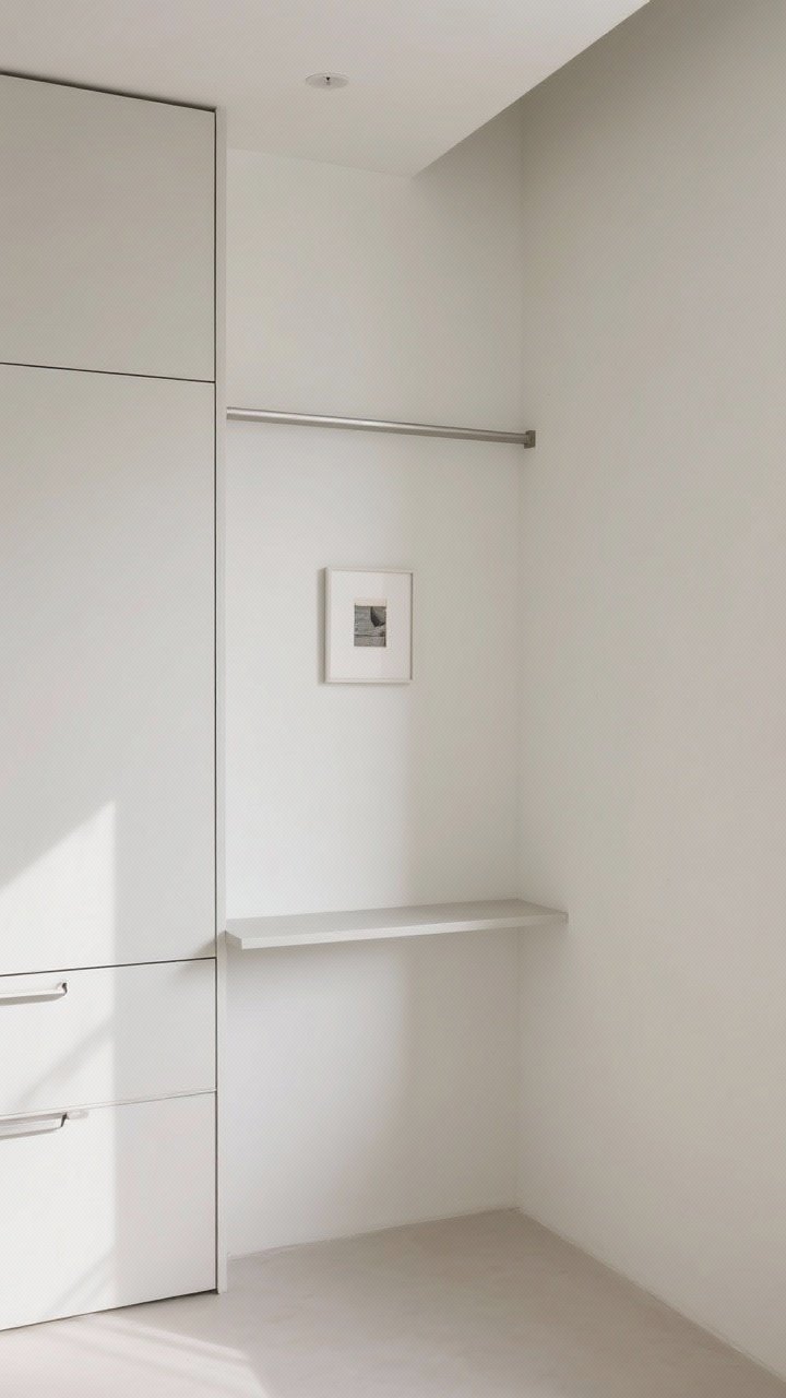 Medium shot showcasing negative space: one intentionally open wall with a small art print niche and a slim rail, flat-panel cabinets with edge pulls or push-to-open hardware, and a single floating shelf instead of a full run of uppers to open the sight line; calm, airy styling with breathing room around objects; soft daylight, minimalist palette; angled perspective to show the open corner.