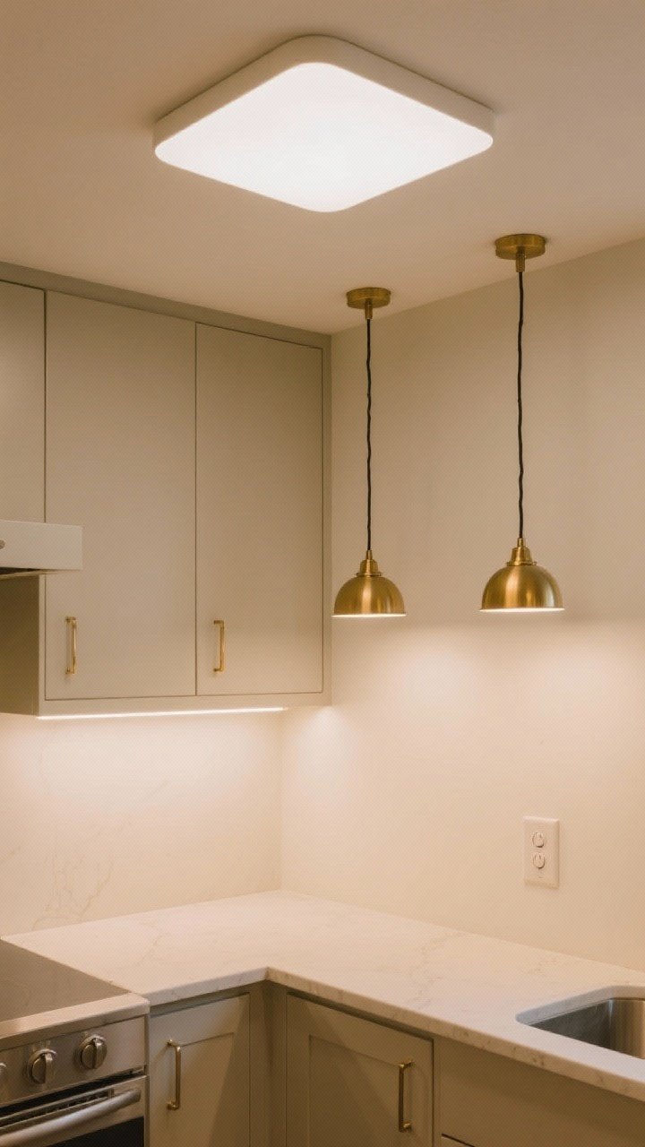 Medium shot showing layered lighting in a small kitchen: a low-profile flush-mount ceiling fixture for ambient light, warm 2700–3000K under-cabinet LED strips washing the countertop for task lighting, and a petite brass pendant over a small peninsula as accent. Include a dimmer switch on the wall. Light, balanced scene with soft shadows eliminated on counters. Matte light walls, satin cabinets, subtle gleam on hardware. Straight-on view highlighting the trio of lights.