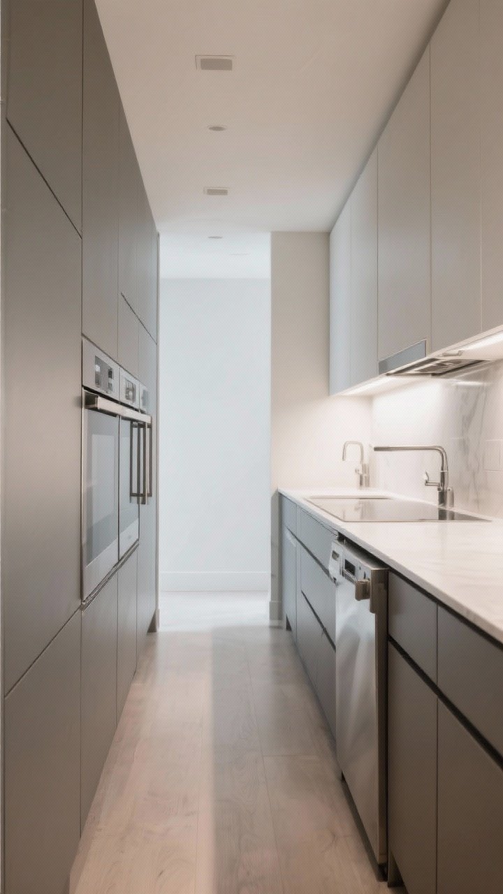 Medium shot: Side view of a galley kitchen showcasing slim profiles—counter-depth stainless appliances flush with cabinetry, a thin-profile
