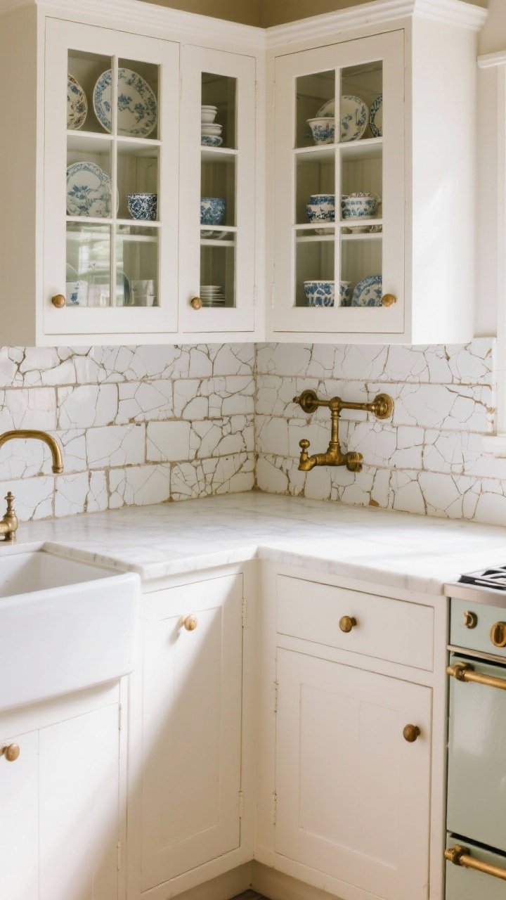 Medium shot, slightly overhead from a corner: English-inspired utility white kitchen with inset doors in warm white, cup pulls, and a few glass-front uppers displaying everyday china. Feature handmade-look crackle-glaze tiles as the backsplash and wall-mount or bridge taps in unlacquered brass starting to patina. Honest, hardworking charm with diffuse natural light, photorealistic.