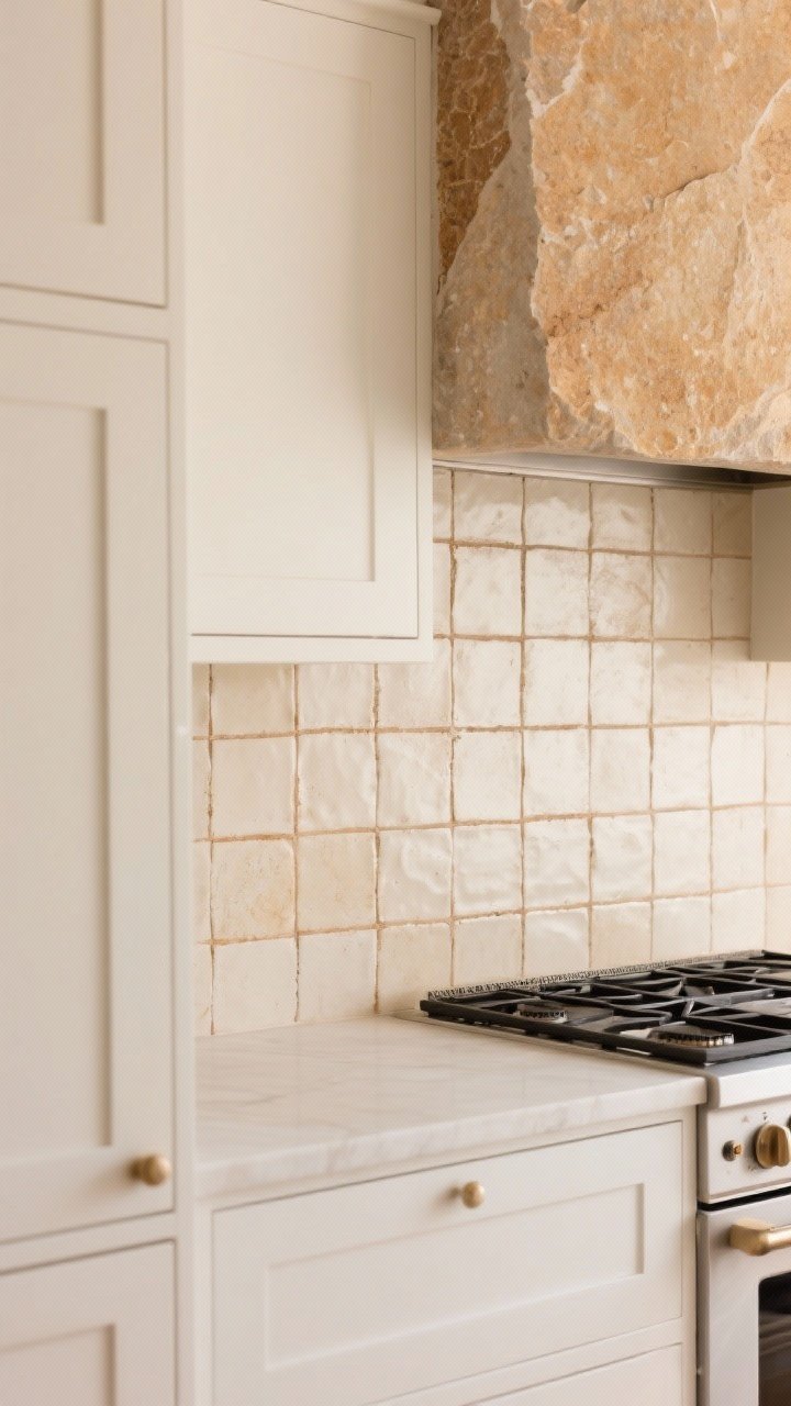 Medium shot: Soft backsplash focus. Creamy off-white zellige tiles with handmade tonal variation, laid in a simple grid with warm linen-colored grout. Adjacent warm stone slab section rises behind the range for contrast. Matte finish reduces glare, reading cozy and artisanal against warm white cabinets; photorealistic, angled detail.