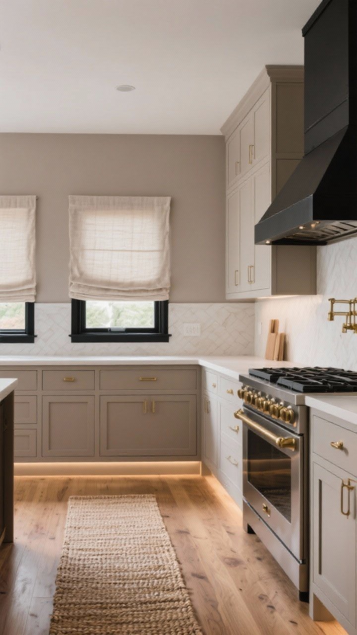 Medium shot: Soft neutrals with contrast trim—mushroom/greige cabinets in matte finish, pale taupe walls, and a charcoal-black window frame defining edges; black painted range hood adds structure; warm oak floors, brass hardware, and linen Roman shade warm the palette; woven runner adds tactile texture; under-cabinet lighting and gentle daylight create “quiet luxury”; straight-on composition