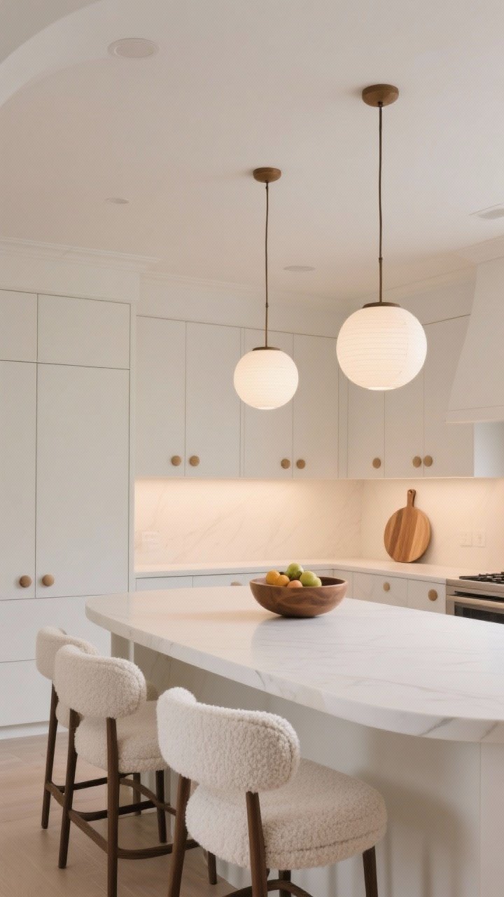 Medium shot: Soft shapes in an all-white setting. A rounded island with eased edges, globe pendant lights overhead, and curved-back counter stools in boucle create friendly silhouettes. Rounded knobs on cabinets, a circular fruit bowl, and a round cutting board continue the theme. Warm, dimmed lighting enhances the gentle curves; photorealistic, straight-on.