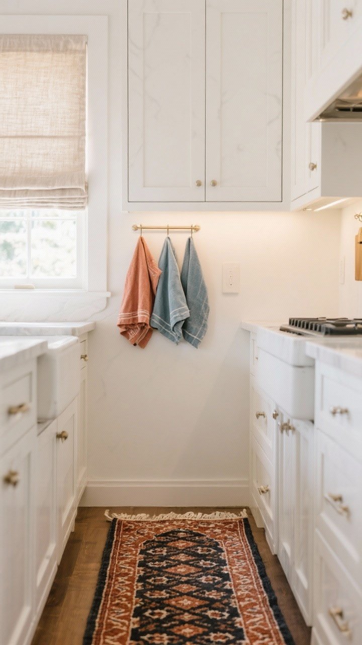 Medium shot: Soft textiles and restrained color in a white kitchen—a low-maintenance runner with a subtle Persian-inspired pattern in rust and charcoal along the white cabinets, linen Roman shades in oatmeal at the window, and neatly folded tea towels in muted clay and dusty blue on a hook; warm daylight and under-cabinet glow keep the palette cohesive and cozy.