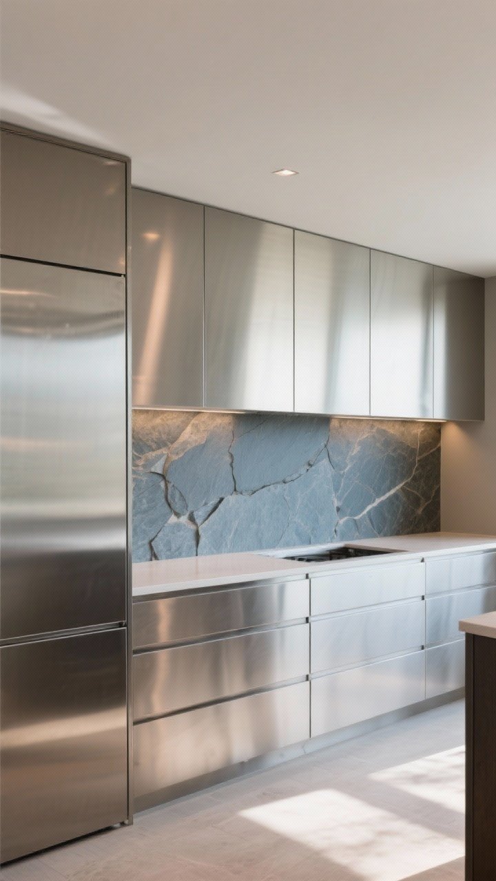 Medium shot: Stainless-and-stone minimalist composition—304 stainless steel cabinets with seamless fronts, a honed bluestone fascia for matte texture, and a single large soapstone backsplash slab with no grout lines; subtle warm reflections on stainless balanced by the stone’s soft grain; non-abrasive-cleaner-level finish without visible streaks; neutral daylight with soft shadows, straight-on, photorealistic.