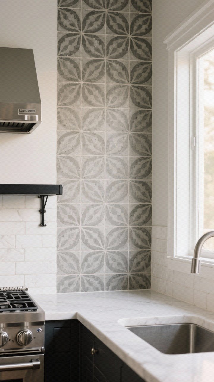 Medium shot: Statement backsplash vignette behind a grill and sink. Exterior peel-and-stick patterned cement-look tile in a single bold motif rises vertically to meet a simple black metal shelf. The edges are finished with clean metal schluter trim. Surroundings remain neutral to let the backsplash star; soft morning light from the side enhances pattern and grout lines, straight-on view for graphic impact.