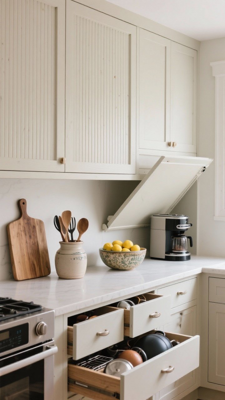 Medium shot: Storage solutions along a clean-lined wall—full-height pantry doors in fluted/reeded wood panels, an appliance garage with a lift-up door concealing a toaster and espresso machine, and wide deep drawers with organizers slightly pulled to show pot and pan order. On the counter: a wooden cutting board, a ceramic utensil crock, and a vintage bowl of lemons for intentional, minimal clutter. Soft natural light, photorealistic.