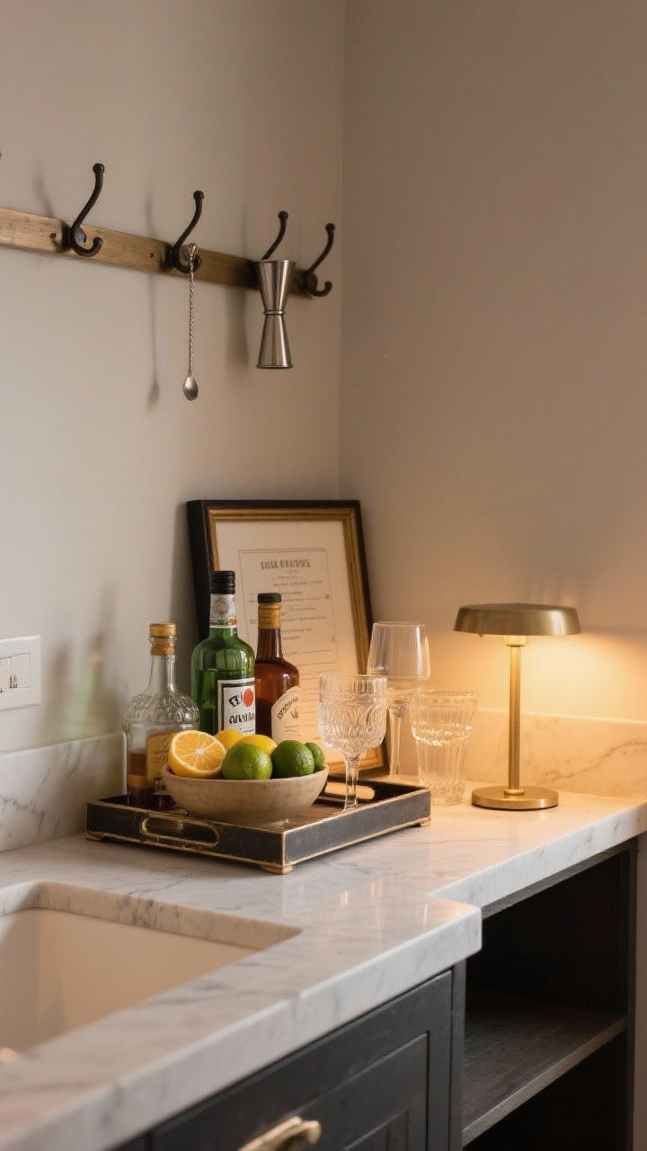Medium shot, straight-on: A dedicated functional zone on a side counter—choose a cocktail corner: a handsome tray with selected bottles, a citrus bowl with lemons and limes, pretty glassware, and a small countertop lamp casting a cozy evening glow. Nearby wall-mounted hook rail holding a jigger and bar spoon; framed recipe card leaning for character. Warm, intimate lighting with crisp, photorealistic details.