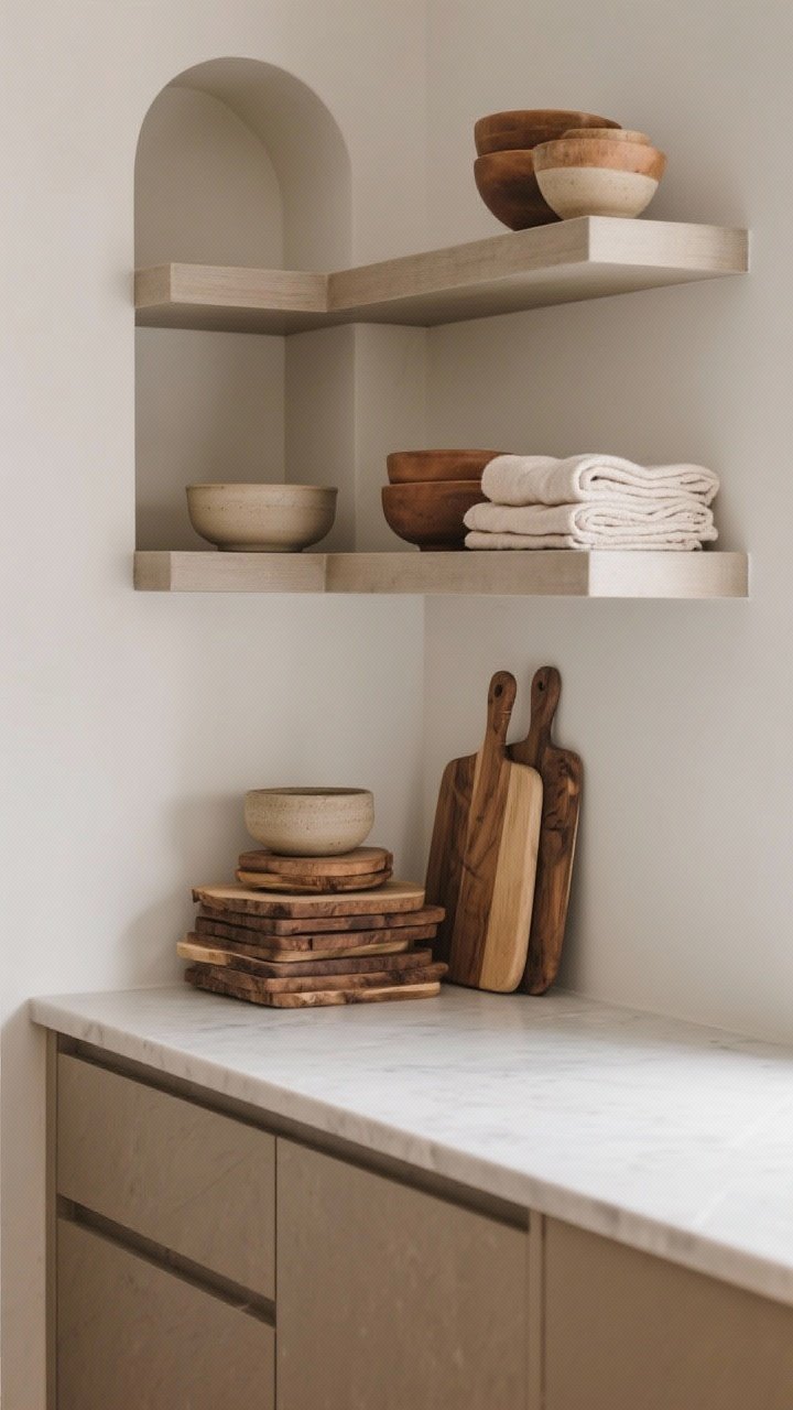 Medium shot, straight-on: An island end with open shelves and a niche styled minimally—stacked wood cutting boards, stoneware bowls in warm neutrals, folded linen towels; thick shelves (