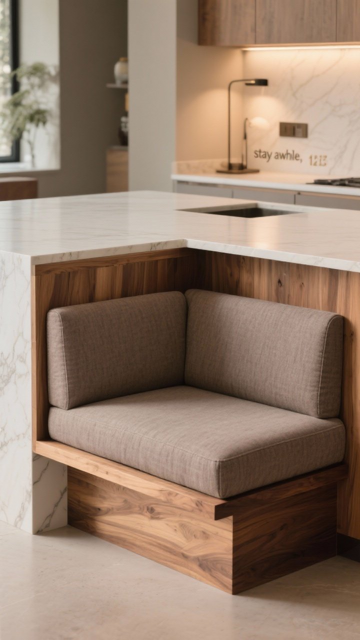 Medium shot, straight-on: Integrated seating built into the island—an inset niche with a waterfall wood wrap framing a bench upholstered in performance fabric (warm gray-taupe), legroom depth around 12–15 inches, seamless joinery, minimal surrounding elements; warm, inviting ambiance that says “stay awhile,” with subtle task lighting nearby.