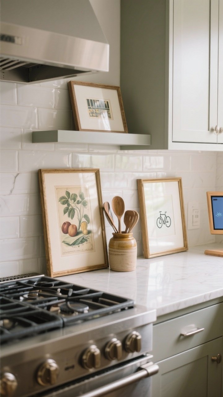 Medium shot, straight-on: Kitchen counter vignette with framed vintage still life art leaning against the backsplash behind a small utensil crock, a slim ledge shelf above the stove displaying a compact graphic print safely set back, and another framed piece at the end of a cabinet run. Optionally a digital frame cycling kitchen-friendly art on the side counter. Soft, indirect daylight with slight reflection on glass frames.
