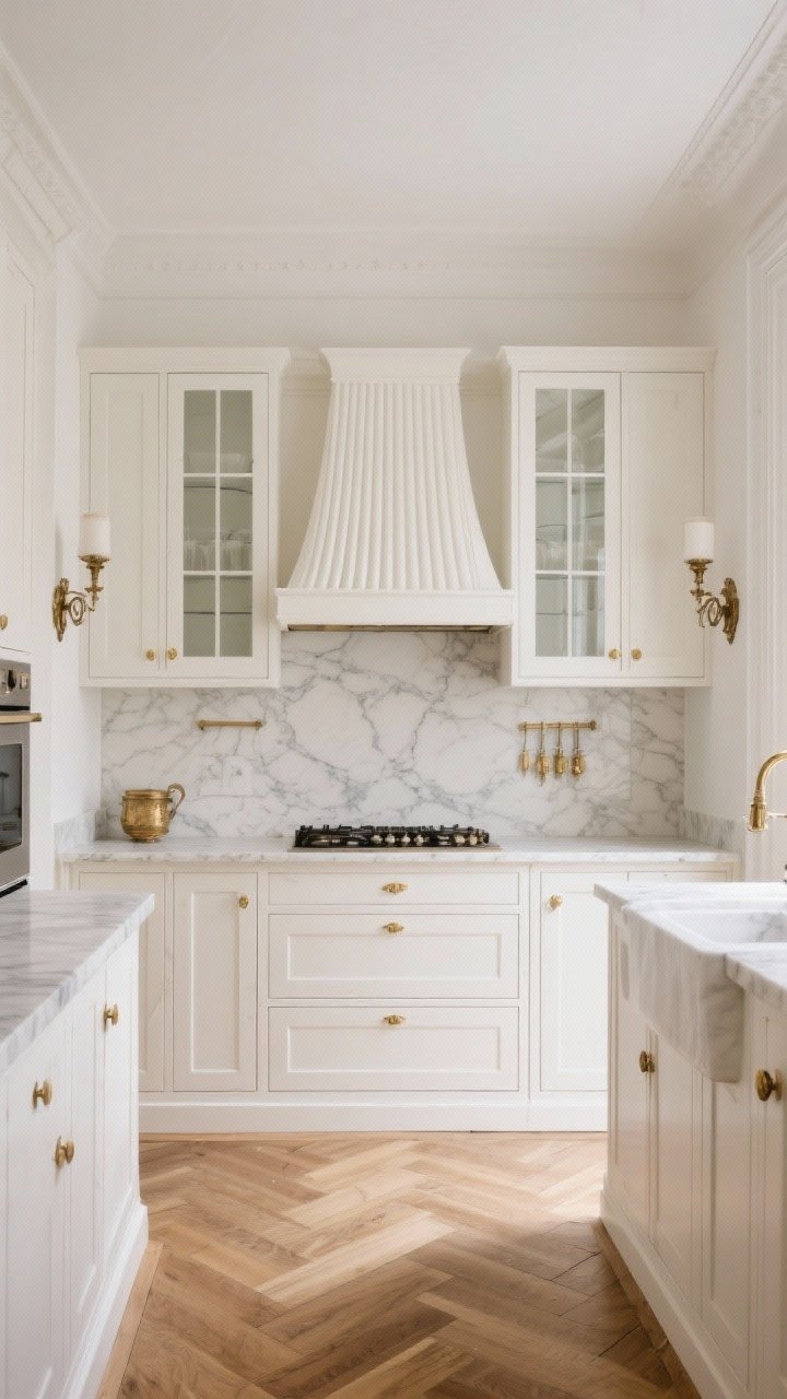Medium shot, straight-on: Parisian apartment chic white kitchen with creamy white inset cabinetry, marble-look countertops, slim shaker profiles with light detailing, and gilded hardware. Add a fluted range hood, glass-front upper cabinets, antique-style sconces, and herringbone wood flooring. Elegant, symmetrical composition with soft, refined lighting, photorealistic.