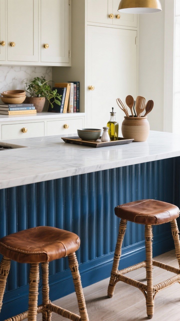 Medium shot: Styled island with designer details—fluted paneling on the base for texture, painted a bold ink blue contrasting with lighter perimeter cabinets; mixed hardware (knobs on drawers, pulls on doors) in a consistent brass finish; an open shelf end cap displaying cookbooks, bowls, and a small plant; a tidy tray vignette with a crock of utensils, olive oil, and a salt cellar; and stools with personality in leather and rattan. Soft, flattering light; straight-on view showcasing color and styling.