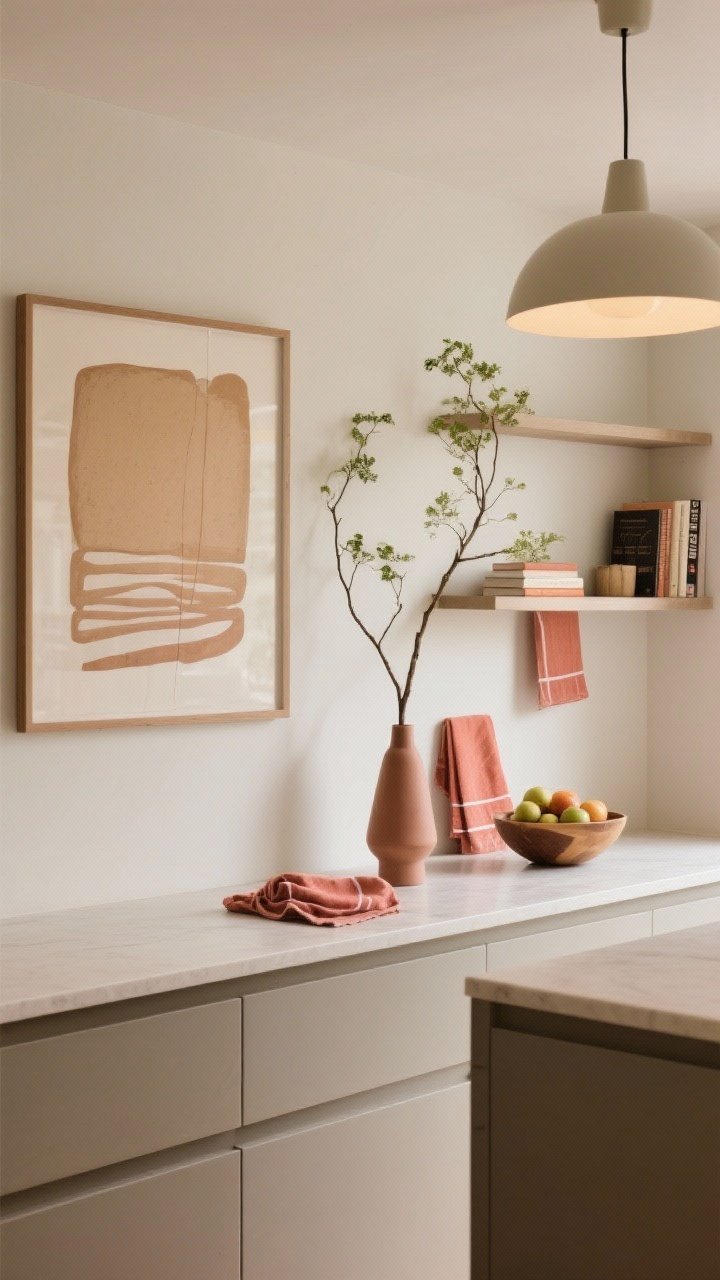 Medium shot styled with restraint and one bold moment: minimal counters and shelves, one oversized art piece on a light wall, a single tall branch in a slim vase as greenery, tightly coordinated color pops in tea towels, a fruit bowl, and a visible cookbook spine all in the same hue; optionally a statement light fixture or bold runner as the hero while everything else remains quiet; balanced composition, soft warm lighting, straight-on perspective.