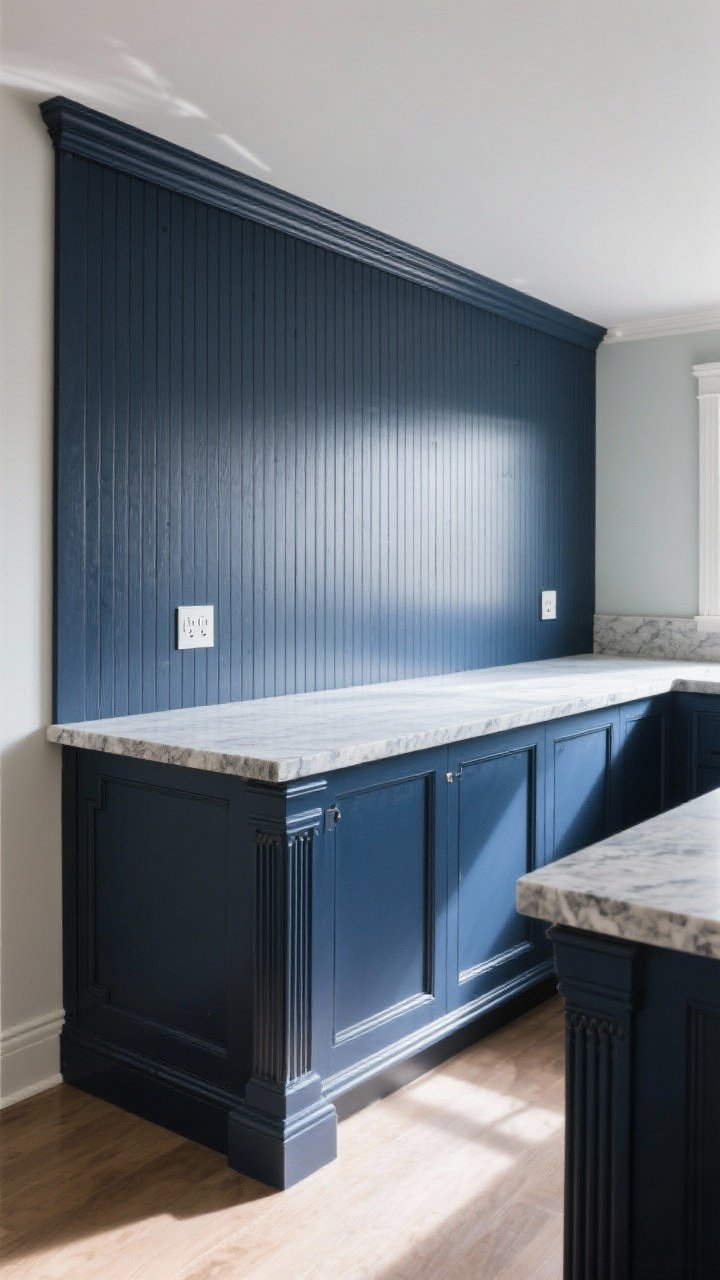 Medium shot: The back of a kitchen island transformed with fluted wood paneling painted deep navy, furniture-style baseboard, and delicate footed details; color-matched outlet covers disappear into the paneling; stone counter with slight overhang; soft diffused morning light highlighting the reeded texture; angled perspective to showcase depth and trim craftsmanship.
