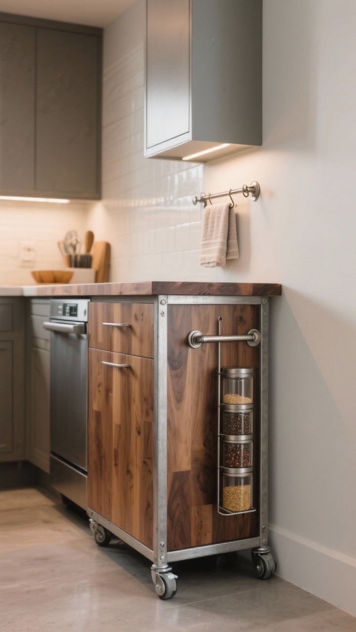 Medium shot: “The Movable Marvel” rolling island positioned in a compact kitchen—no deeper than 20–24 inches, butcher-block top, sturdy metal base with locking casters, side hooks, a towel bar, and a narrow spice rack; the island slightly pulled from the wall to show mobility; soft, even ambient lighting, matte finishes, subtle reflections on metal hardware.
