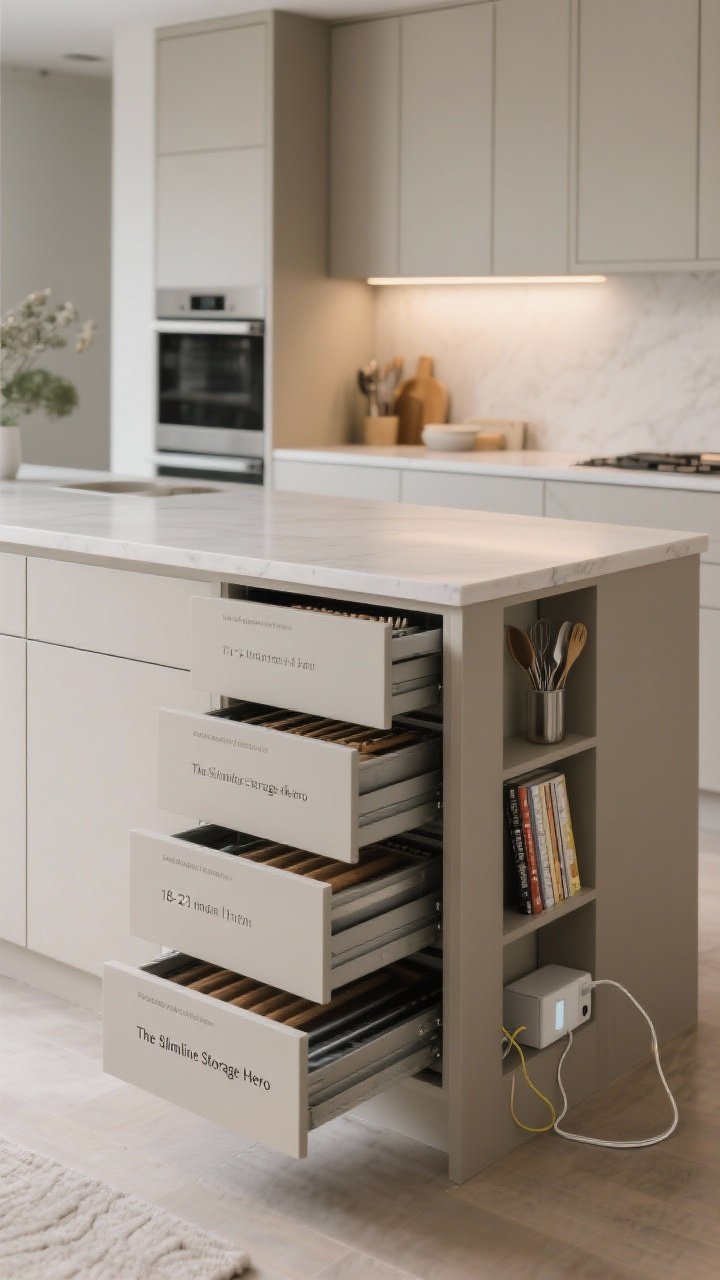 Medium shot: “The Slimline Storage Hero” island—18–21 inch deep base with matching top, closed fronts, shallow drawers with labeled dividers for utensils, a vertical pull-out for baking sheets, slim side shelves for cookbooks, and discrete toe-kick drawers; include a hidden charging drawer slightly ajar with cords tucked away; neutral cabinetry, soft task lighting under cabinets, tidy surfaces.