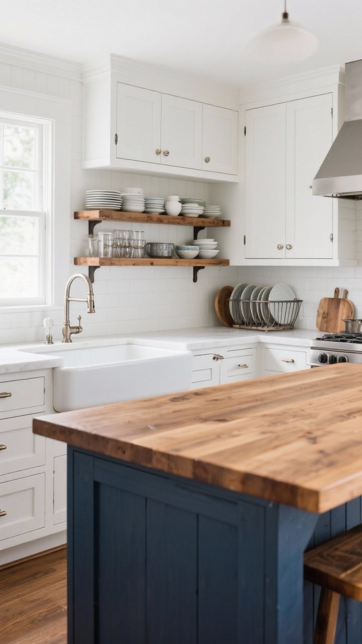 Medium shot, three-quarter view: Farmhouse-fresh white kitchen with white shaker cabinets, a warm wood island base in deep navy for contrast, and a fireclay apron-front sink with a classic bridge faucet. Include a single run of open wood shelves with neatly stacked daily dishes and a mix of metal accents. Natural daylight, authentic materials, practical charm, photorealistic.