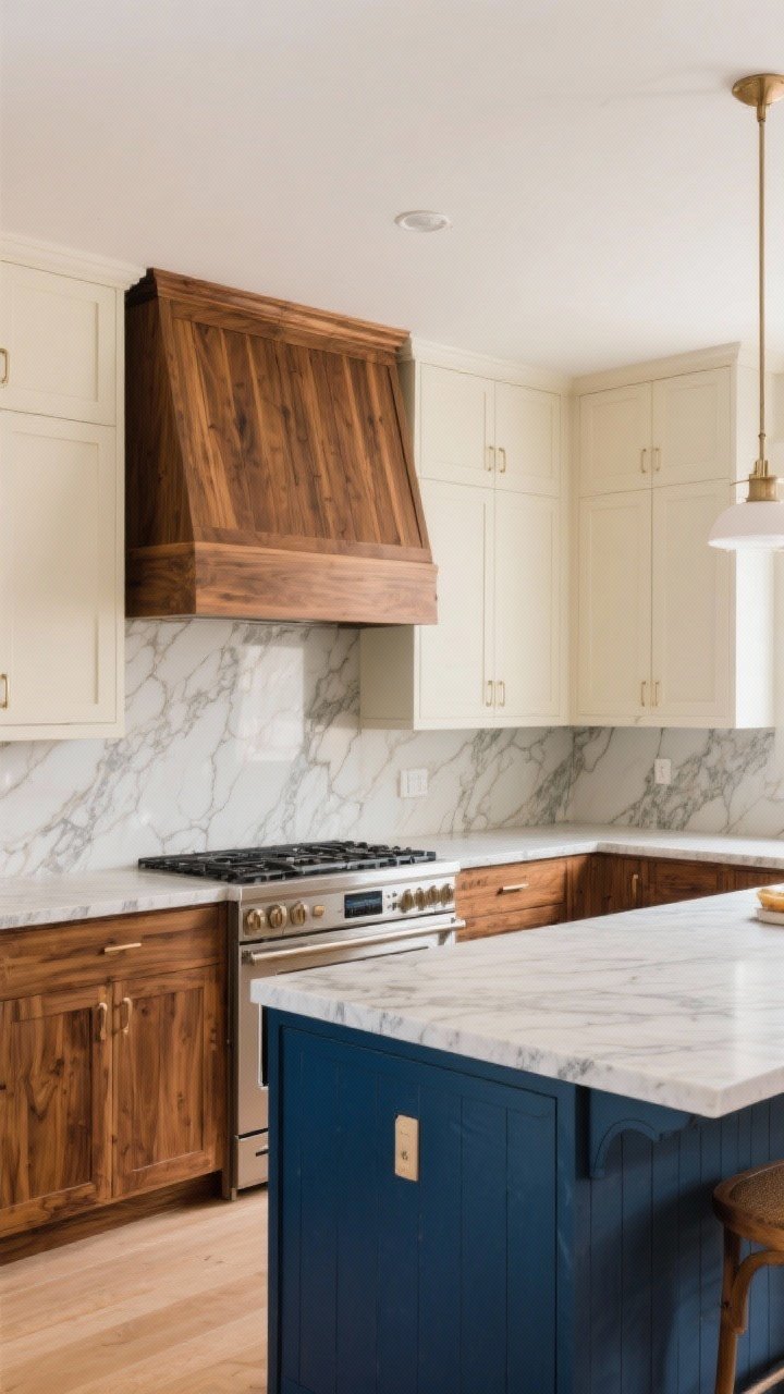 Medium shot: Two-tone kitchen with warm wood lower cabinets and cream uppers; a colored navy island contrasts against neutral perimeter cabinets; darker tones on the bottom for grounding; the darker wood tone is echoed on a custom range hood panel for cohesion; undertones aligned (warm oak with creamy uppers); veined stone countertop and backsplash that pulls both hues; soft daylight, straight-on perspective