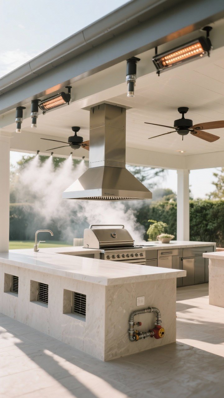 Medium shot under a covered cook zone showing ventilation and heat management: a large outdoor-rated vent hood centered over a built-in grill, cross-vent openings in the island base visible for gas safety, dual ceiling fans overhead; misting nozzles along the beam for hot days and discreet infrared heaters mounted for cooler nights; balanced, bright afternoon light with slight haze from steam dissipating