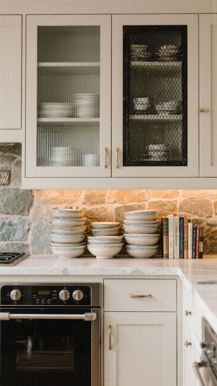 Medium shot: Upper cabinets with glass, reeded, and mesh doors—pair of reeded glass doors flanking a range, softly blurring dishes; one section with antique mirror panels and another with black wire mesh for patina; interior shows a tidy stack of matching bowls and cookbooks; warm under-cabinet lighting brightens contents while hiding chaos; neutral cabinets, stone backsplash; straight-on view, clean industrial-traditional mix