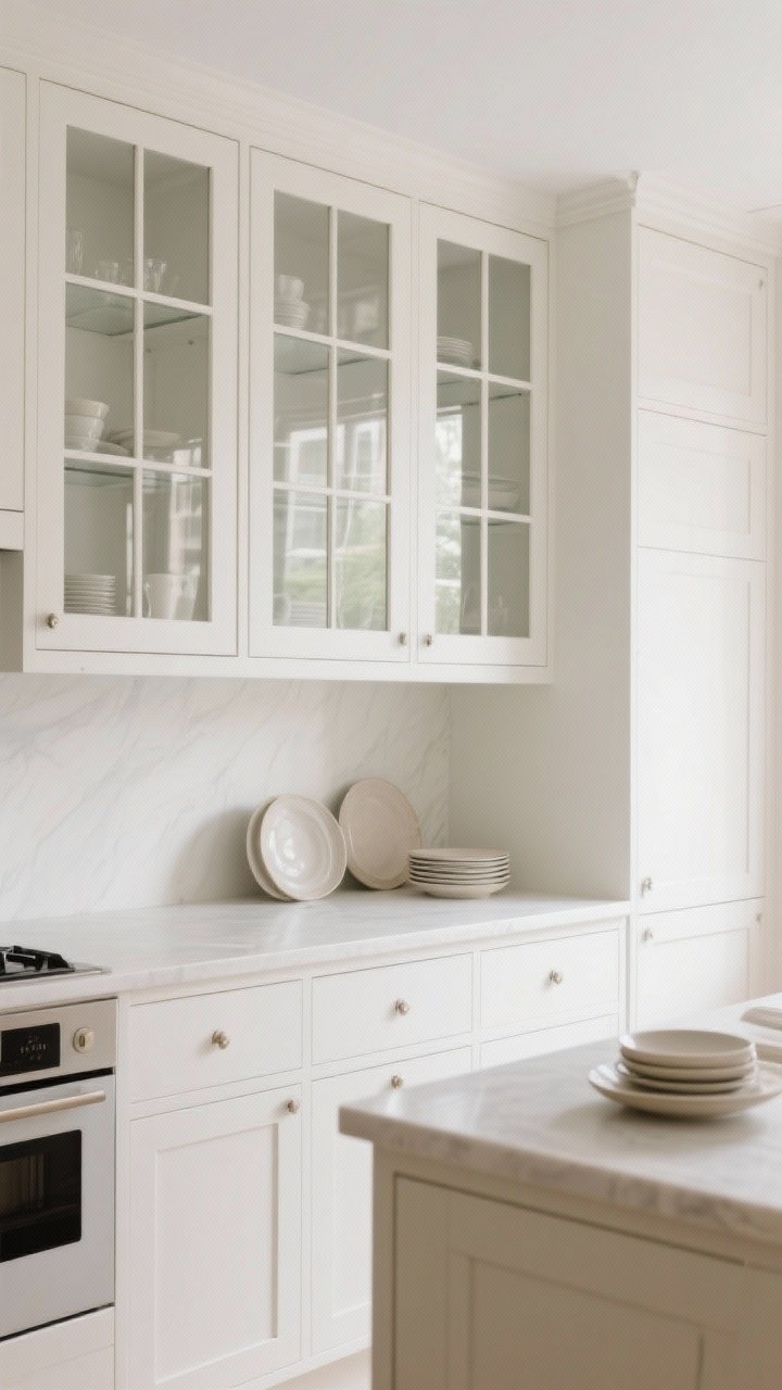 Medium shot: Upper cabinets with partial glass mullion doors featuring a simple vertical grid over clear glass; interiors painted white, staged with restrained, neutral dinnerware; balanced by adjacent closed cabinetry; soft daylight with a touch of warmth; straight-on composition for a boutique, European-kitchen feel.