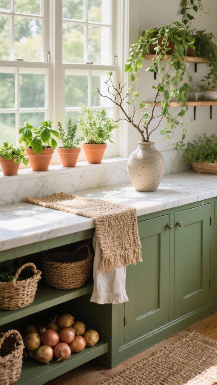 Medium shot, window-focused: A sunlit kitchen window ledge garden with terra-cotta pots of basil, mint, and thyme; trailing plants cascading from an upper shelf; a stoneware vase holding fresh branches on the counter; woven jute runner on the floor and linen tea towels draped over a green cabinet door; woven baskets on a lower shelf storing onions and potatoes; natural daylight enhancing the greenery.