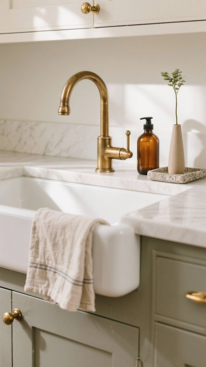 Medium, sink-zone focus: a statement faucet in brushed brass over a white apron-front farmhouse sink; cohesive finishes with matching brass hardware in the background; amber glass soap bottle, a linen hand towel draped on the counter, a narrow bud vase with a single stem on a small stone tray; soft afternoon light reflecting off the metal, photorealistic.