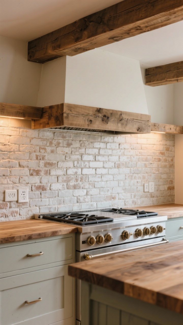 Medium, straight-on kitchen vignette featuring classic thin brick veneer (brick slips) backsplash softened with a gentle limewash for a cloudy, timeworn patina; matte, breathable-sealed surface behind a range, wood beams overhead and butcher block countertop for warmth; paintable outlet covers blended into the brick; warm ambient lighting, cozy rustic mood, photorealistic.