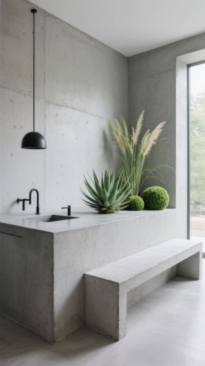 Medium straight-on shot: minimalist concrete and green layout with poured concrete counters and an integrated concrete bench, monochrome gray palette accented by matte black fixtures and hardware, limited plant palette featuring architectural greens—horsetail reed, agave, and clipped boxwood balls—contrasting against smooth sealed concrete surfaces with subtle sheen from a UV-stable penetrating sealer, crisp daylight, gallery-clean aesthetic, photorealistic, no people.
