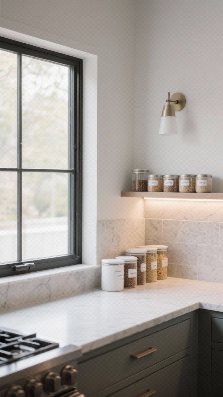 Medium, straight-on shot of a calm, minimalist kitchen vignette combining a backsplash ledge, a pantry wall edge, and large windows: ruthlessly edited surfaces, decanted and labeled dry goods in uniform containers on a small open shelf; defined zones subtly indicated (coffee canisters grouped together); layered lighting with under-shelf LEDs and a wall sconce; satin paint and sealed stone finishes signaling easy-clean practicality