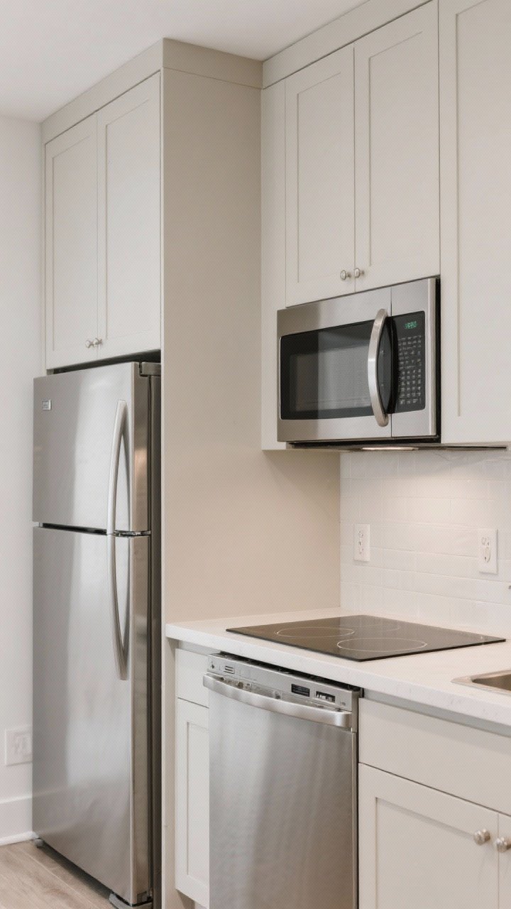 Medium straight-on shot of a compact appliance wall: panel-ready counter-depth refrigerator flush with cabinetry, a 24-inch (or 18-inch) stainless dishwasher with sleek handle, a slim induction cooktop integrated into a light countertop, and a built-in microwave + convection oven combo in a cabinet tower; unified cabinetry fronts to visually minimize appliance presence; bright, neutral palette and tidy counters.
