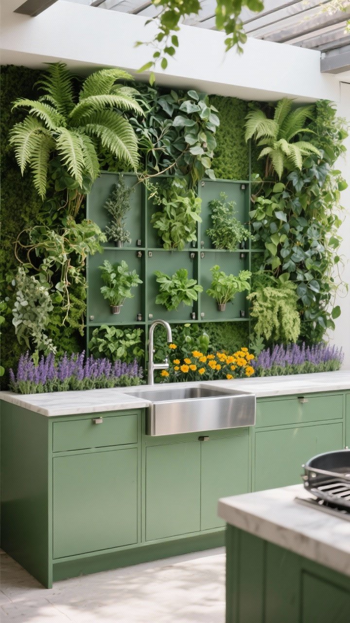 Medium, straight-on shot of a living green wall behind an outdoor sink and bar area: lush layers of ferns, ivy, and creeping fig in a modular panel system with discreet built-in irrigation; pockets of oregano, parsley, and mint integrated; a low border of lavender and marigolds at the base; matte green cabinetry below a simple stainless sink; soft, diffused daylight to emphasize freshness while keeping away from the grill zone; a quiet, private mood.