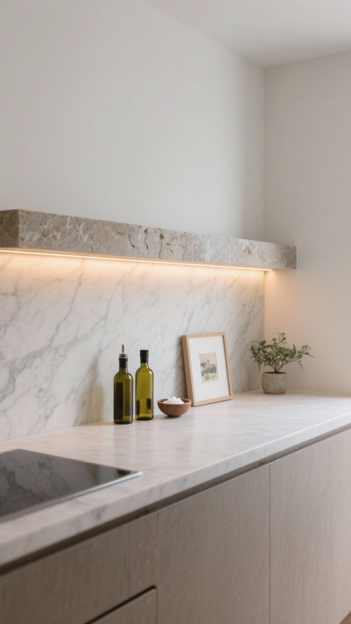 Medium, straight-on shot of a minimalist kitchen backsplash with a full-length 3–5 inch deep stone ledge matching the slab backsplash and countertop (pale marble with subtle veining), holding olive oil bottles, a pinch bowl of salt, a tiny framed art piece, and a small plant; integrated warm LED strip tucked beneath the ledge casting a soft glow for task lighting; uncluttered, low visual weight, custom seamless look