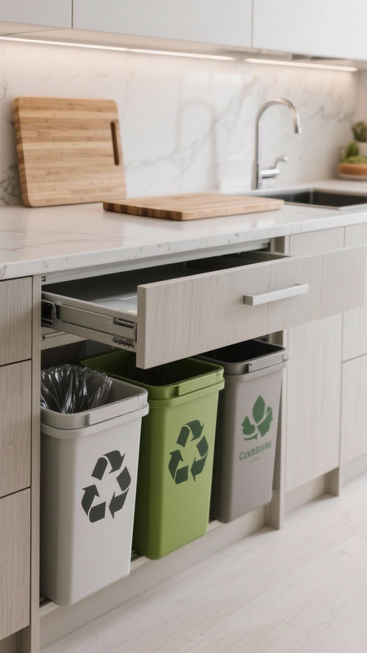 Medium straight-on shot of a pull-out waste center integrated into the island: a triple-bin setup for trash, recycling, and compost on soft-close glides; above, a flip-up cutting board surface aligned for direct sweep-in; interior lined with wipeable laminate; subtle integrated handle on a flat-front panel; bright, practical prep-side lighting with a clean, odor-contained feel