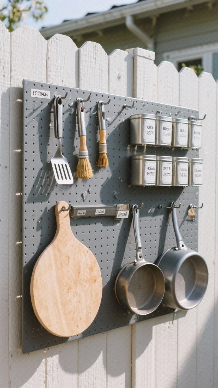 Medium, straight-on shot of an outdoor pegboard pantry wall on a fence panel: powder-coated metal pegboard in charcoal gray with labeled hooks; hanging tongs, spatulas, basting brushes, a pizza peel, small pans and lids; magnetic spice tins arranged grid-style; French cleats visible at the top; crisp afternoon light; clean, organized mood with weatherproof textures.