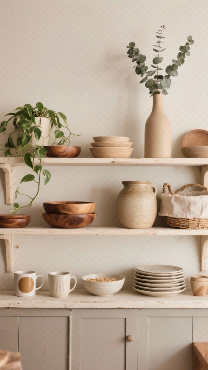 Medium, straight-on shot of curated open shelves styled like a little European café: bottom shelf with everyday heroes—favorite mugs, cereal bowls, small stack of plates; middle with warm materials—wood bowls, ceramic crocks, a linen-lined basket; top with lighter items including a trailing pothos and a slim vase with eucalyptus. Tight color palette of creams, taupes, and wood tones; heavy items lower, airy items higher; diffused daylight.